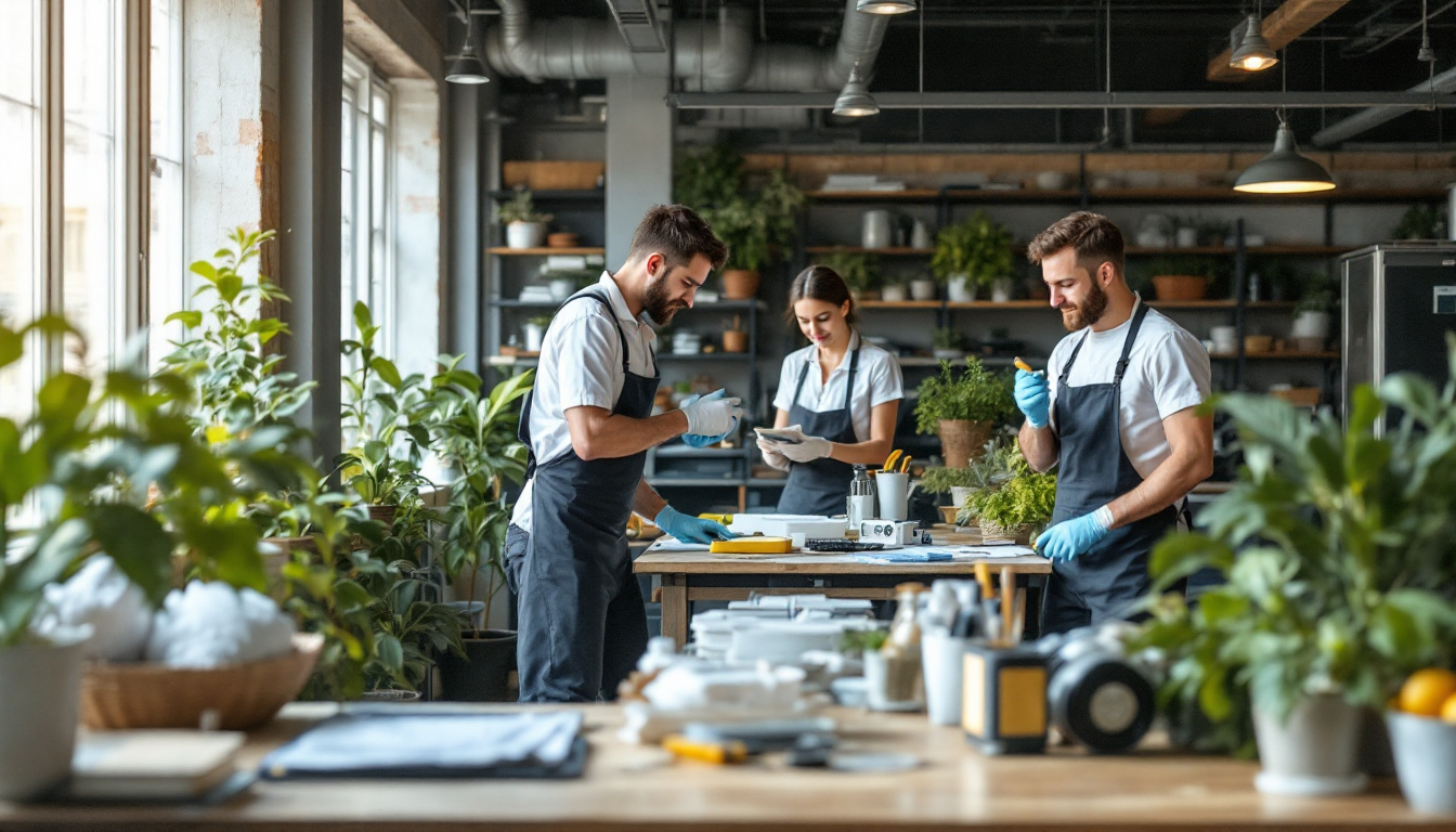 Three apron-clad workers wearing gloves gather around a workshop table strewn with potted plants and tools, one holding a tablet as they inspect materials.