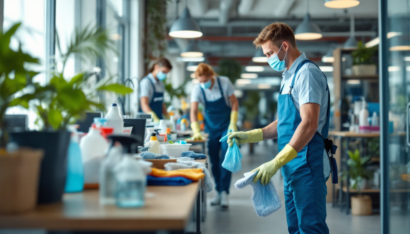 Three cleaning staff in matching blue aprons, masks, and yellow gloves work side by side at a long table in an open-plan office, organizing spray bottles, cloths, and other cleaning supplies under hanging pendant lights.