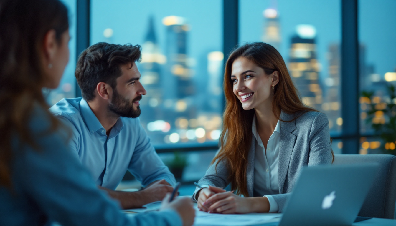 Three professionals in business attire smile and talk during a meeting in an office with a city skyline view.