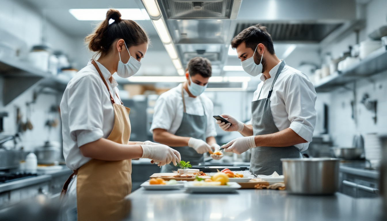 Trio of masked chefs plating food and consulting a smartphone recipe at a stainless workbench