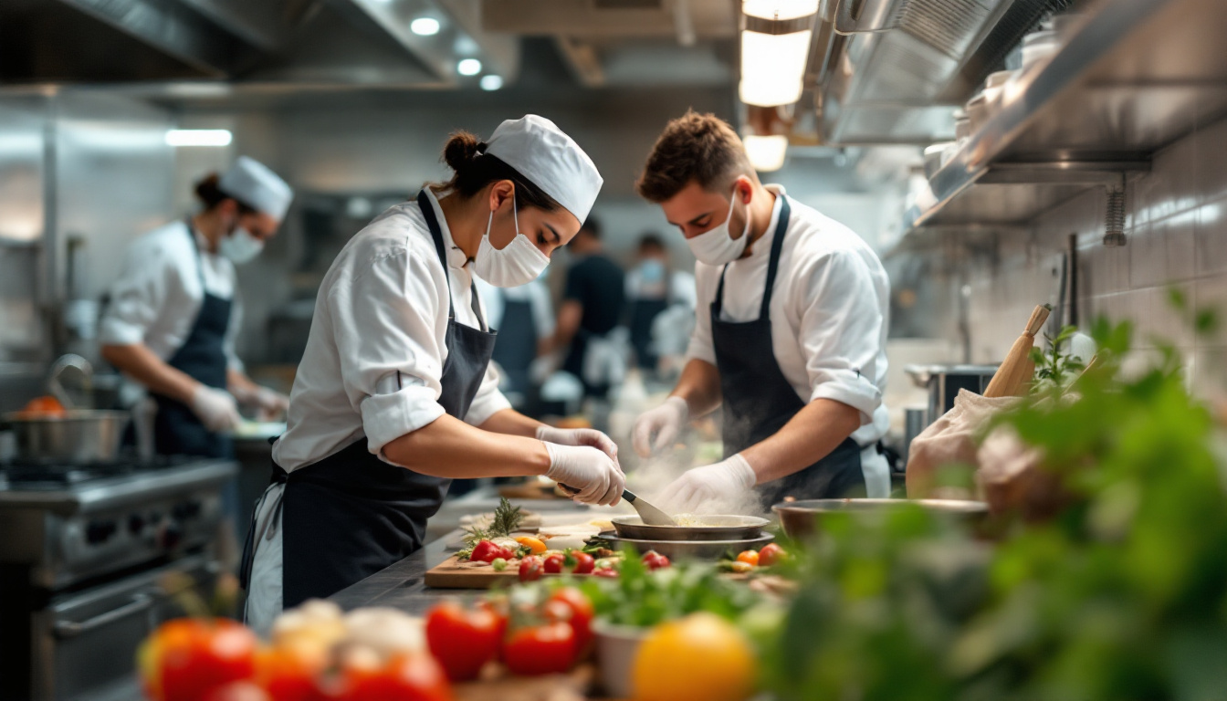 Two chefs in masks carefully plating food with fresh ingredients in the foreground