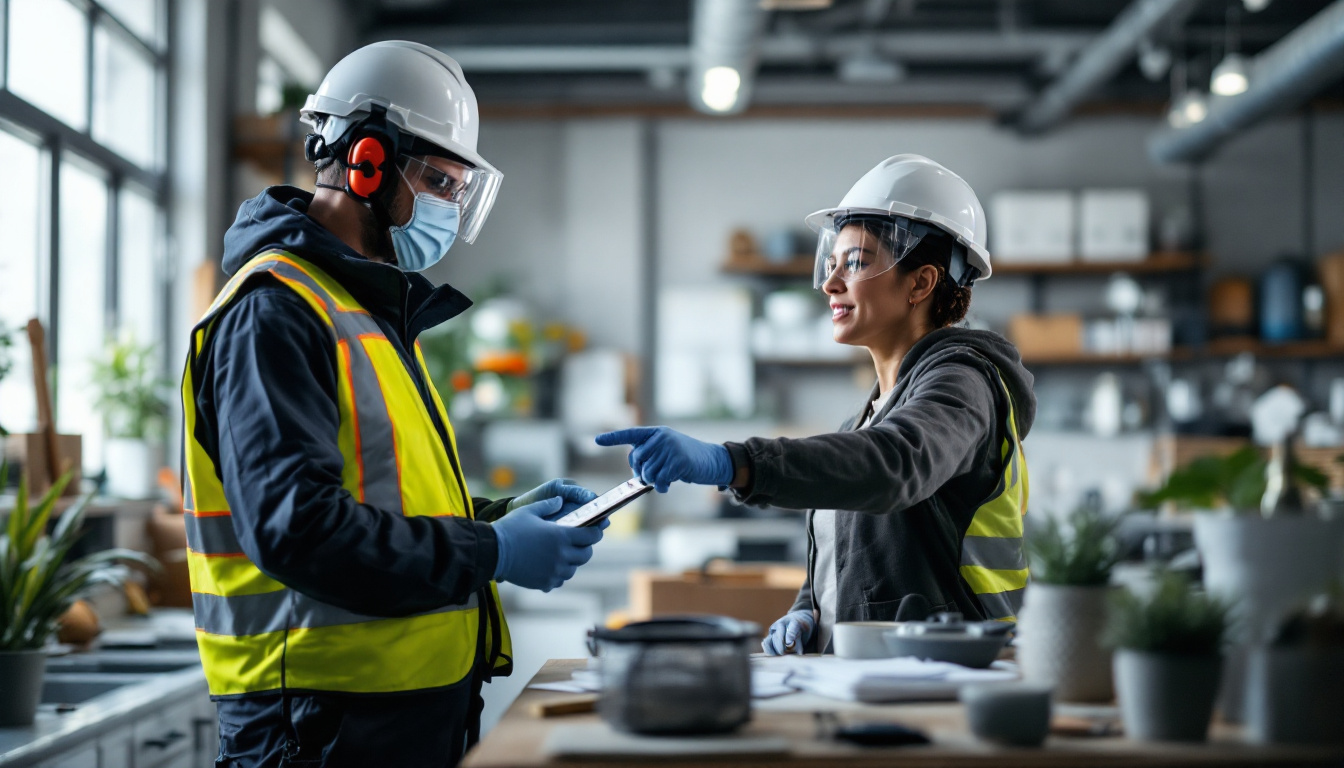 Two construction workers wearing safety vests and helmets review plans and collaborate inside an industrial workspace.