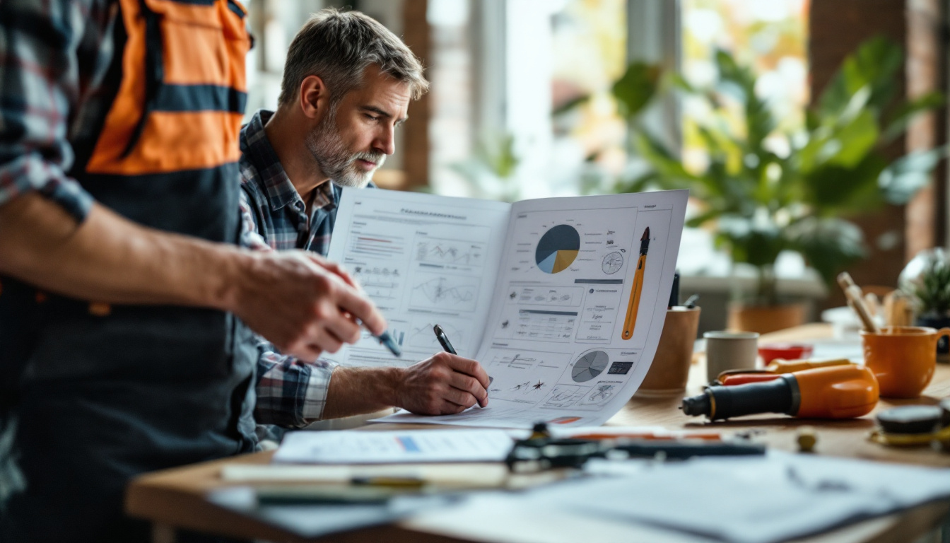Two contractors review blueprints with charts and diagrams on a desk filled with tools and paperwork.