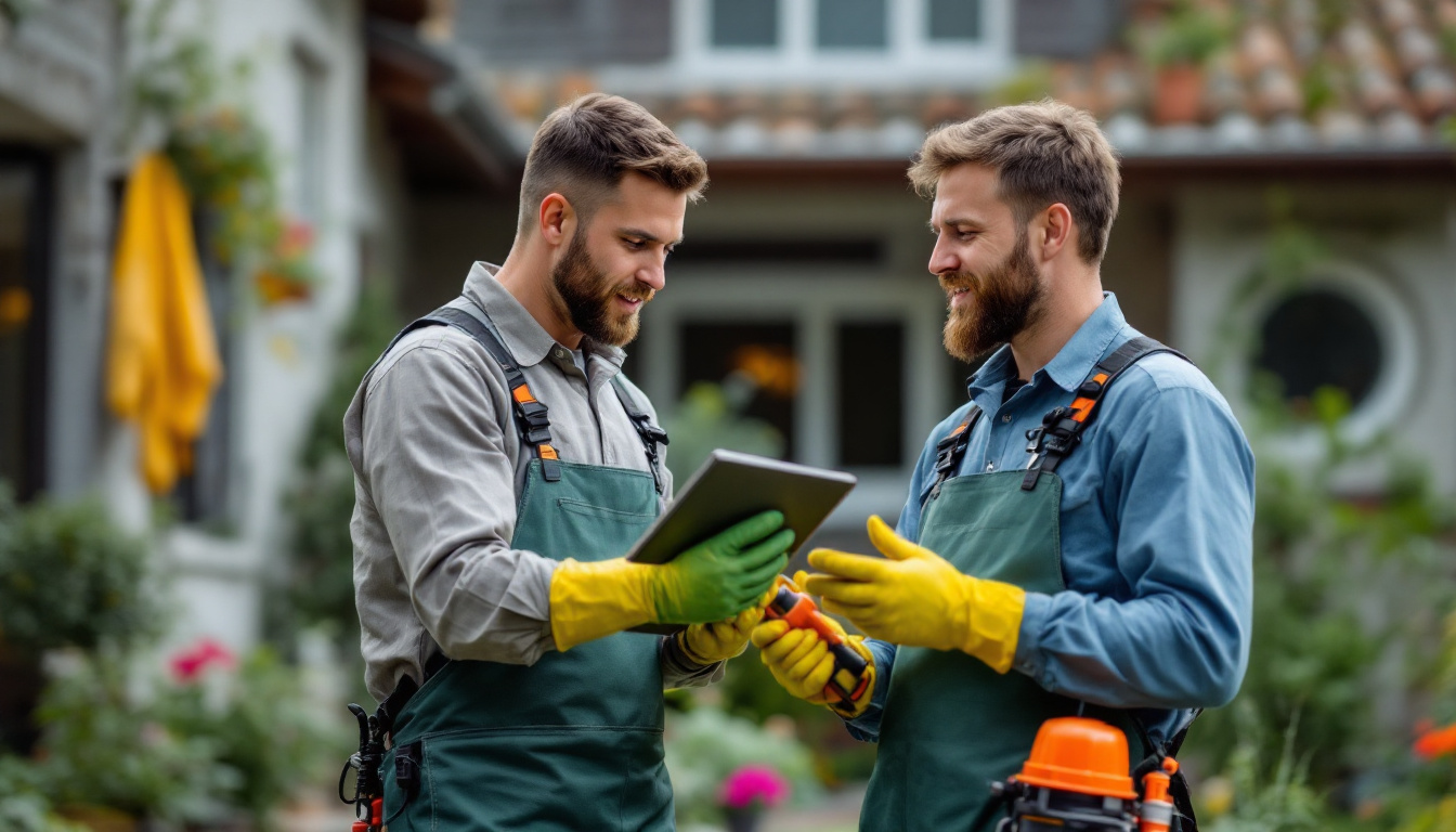 Two gardeners in green overalls and yellow gloves stand outside a suburban home, one holding a tablet and the other a pair of pruning shears, as they discuss work plans.