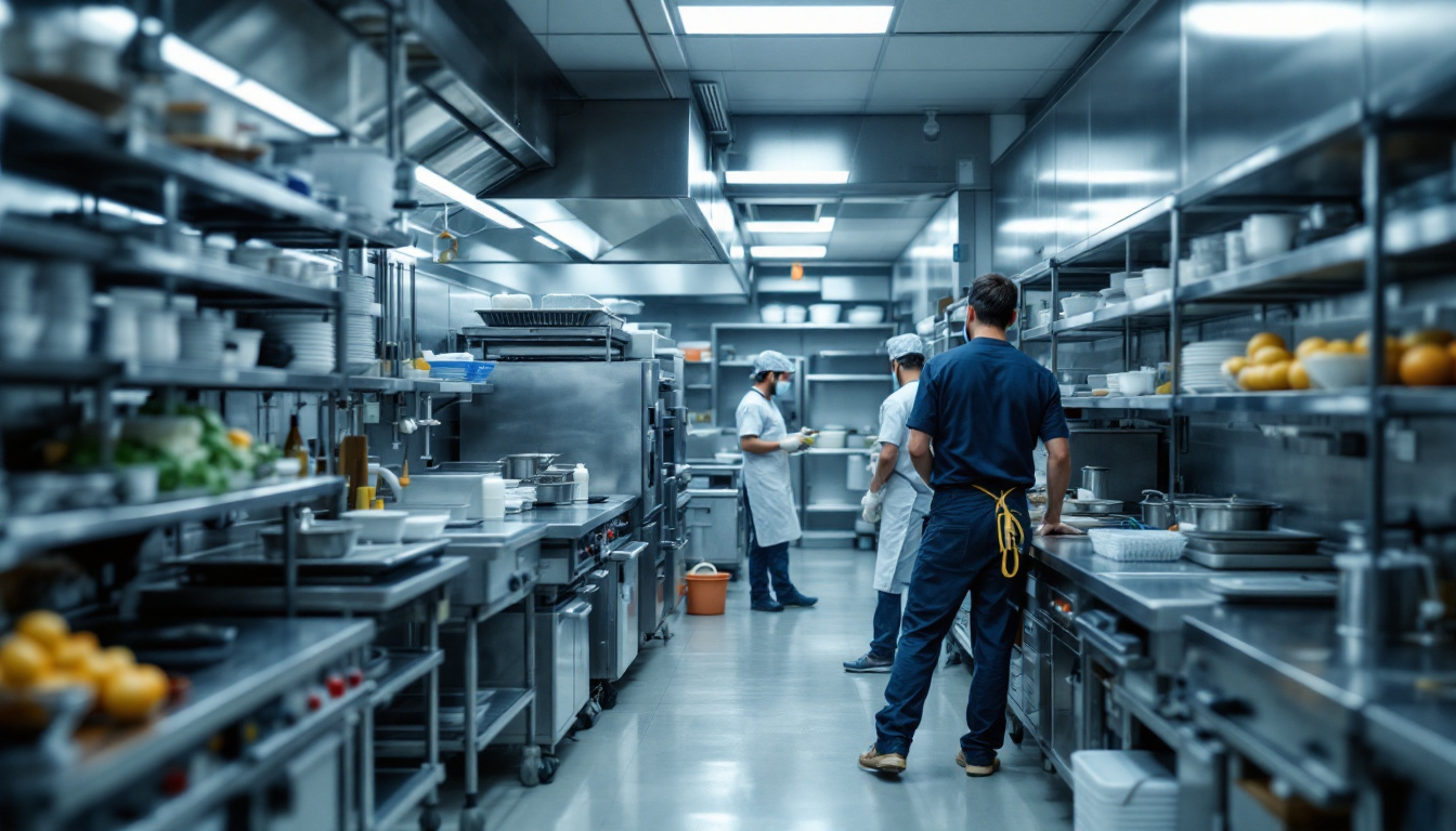 Wide view down a stainless-steel restaurant kitchen, with several cooks working at different stations.