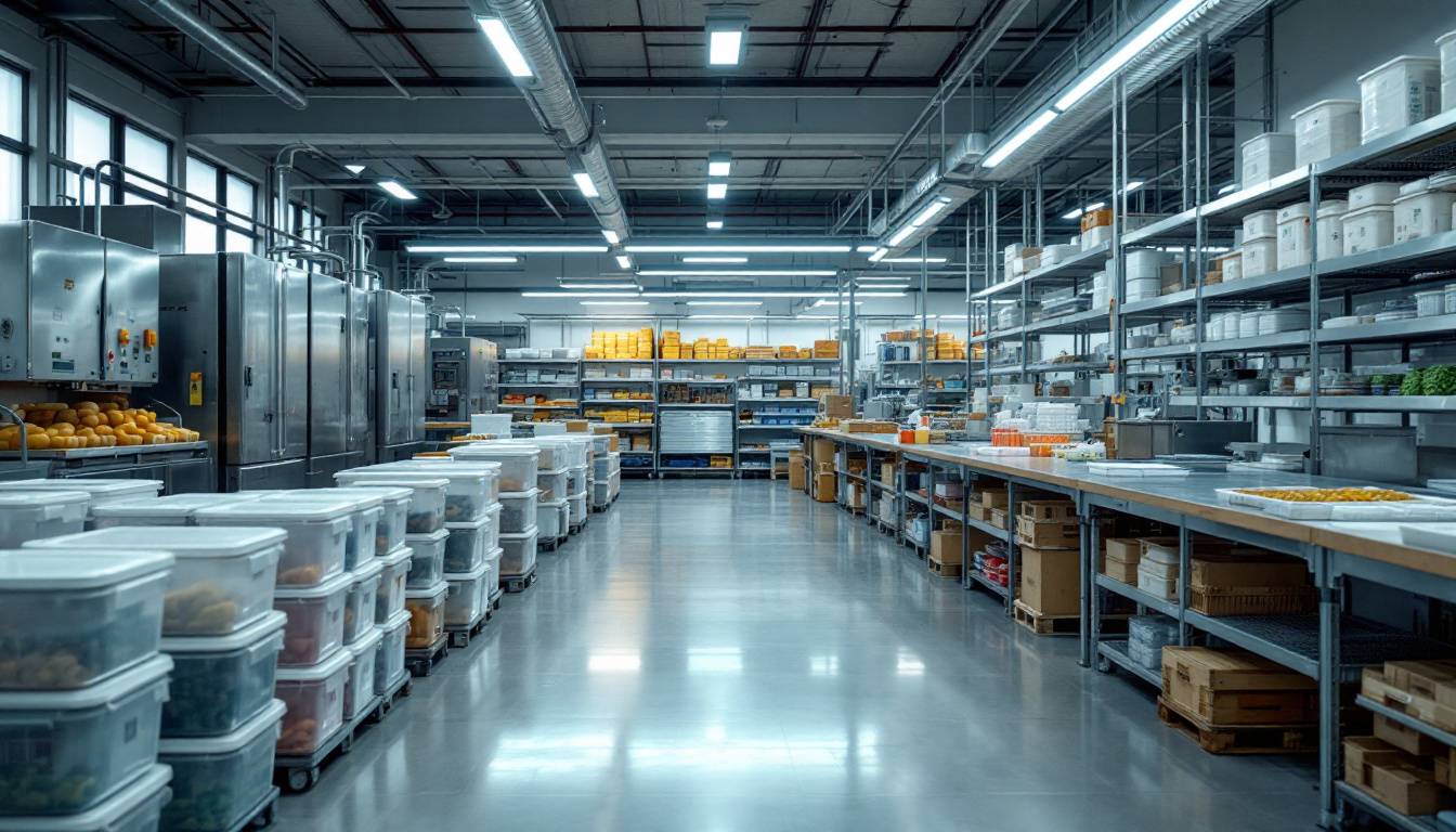 Wide view of a spotless industrial kitchen lined with stainless appliances, stacked ingredient bins, and long prep tables under fluorescent lights