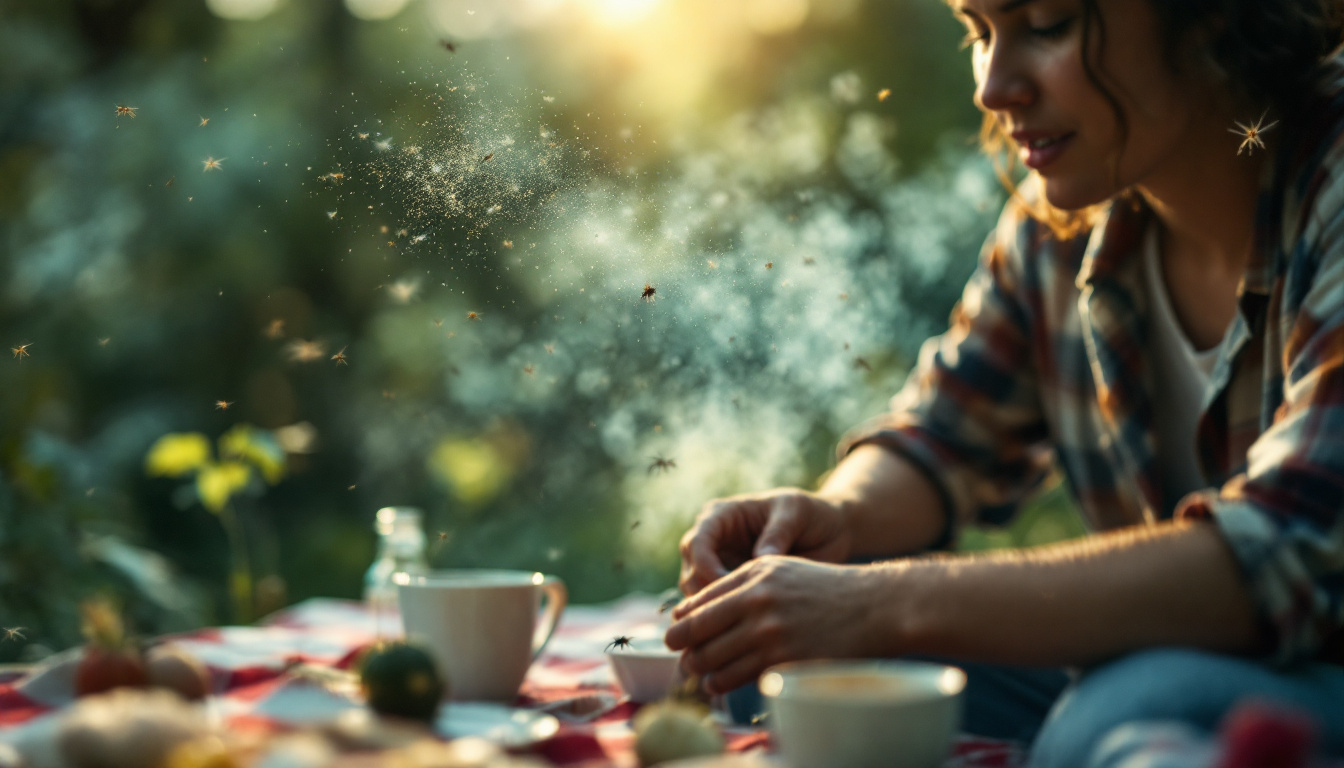 Woman at an outdoor picnic watches a cloud of tiny mosquitoes and pollen drifting through the warm evening light.