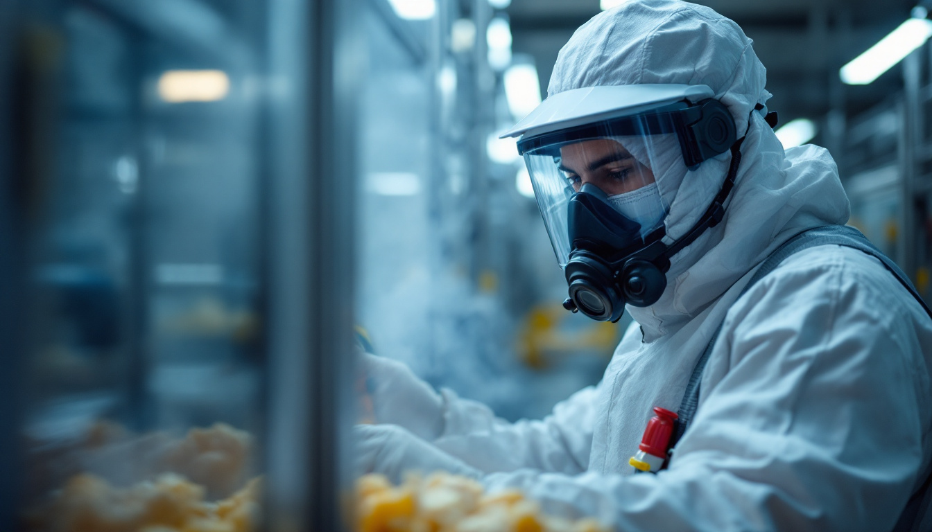 Worker in full protective gear and respirator mask inspecting items through a glass panel inside a sterile manufacturing facility.