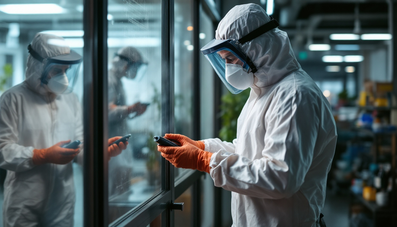 Worker in protective hazmat suit and face shield using equipment