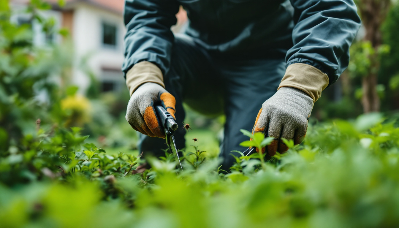 Worker in gloves uses a handheld sprayer to treat plants in a garden, with a house blurred in the background.