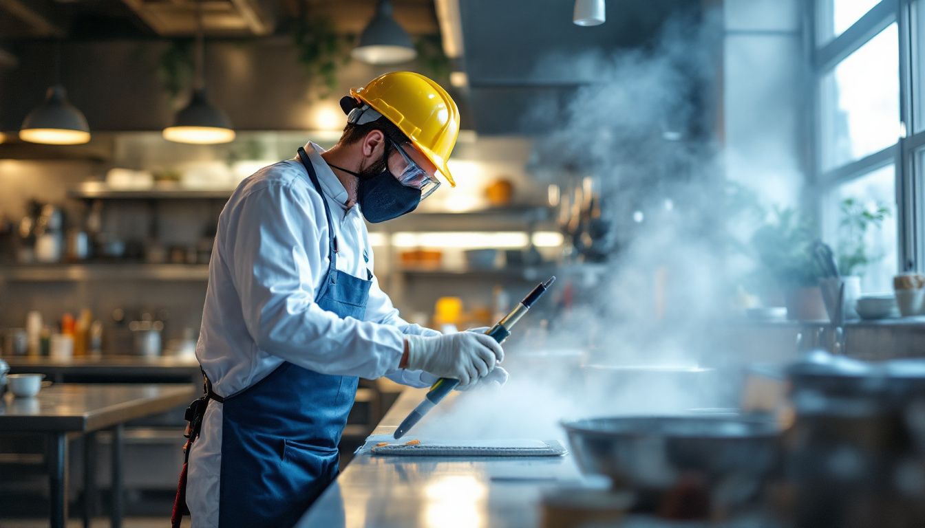 Worker in protective gear using steam treatment on a kitchen counter.