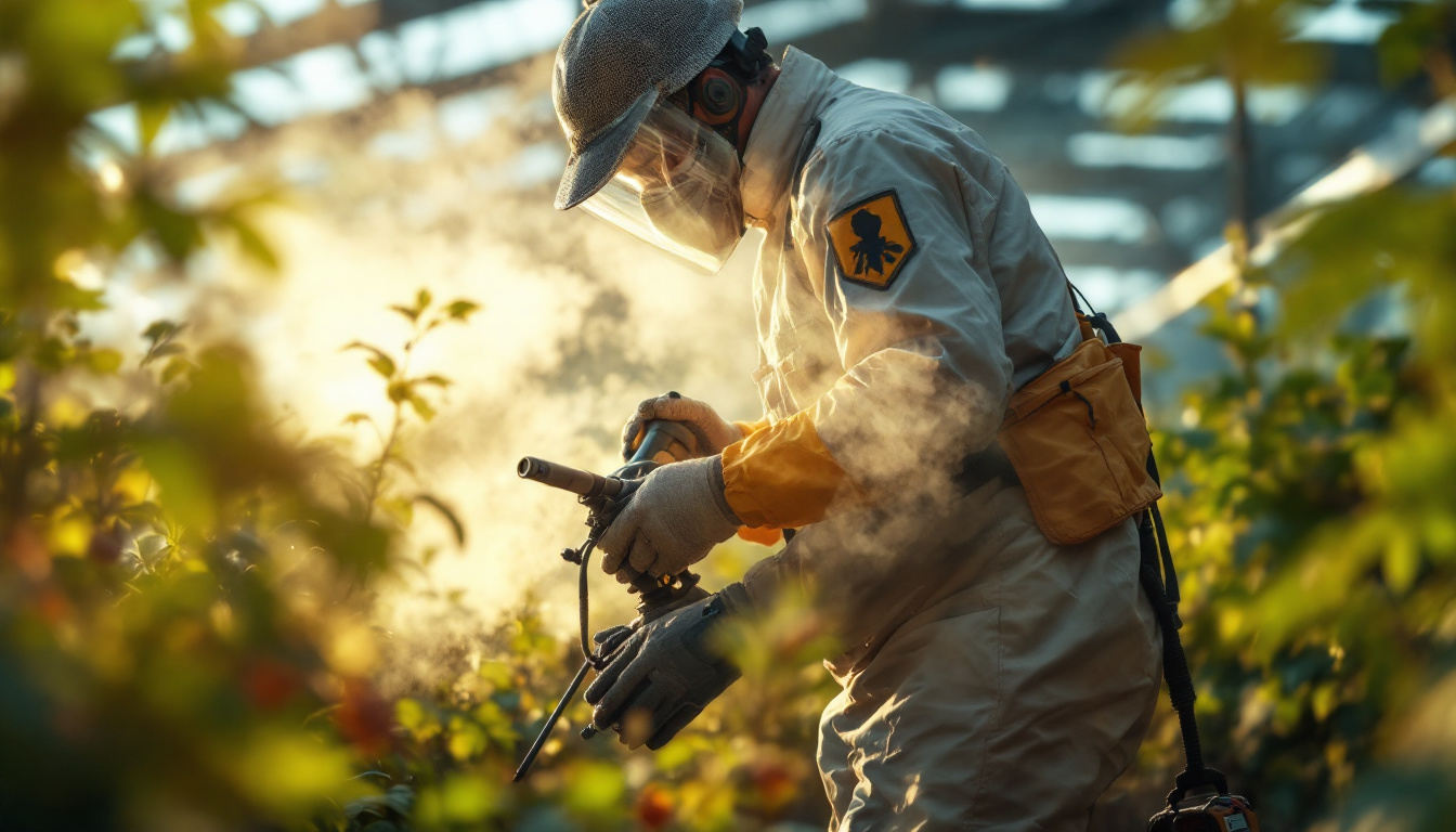 Worker in protective suit and face shield spraying pesticide in a garden with visible mist.