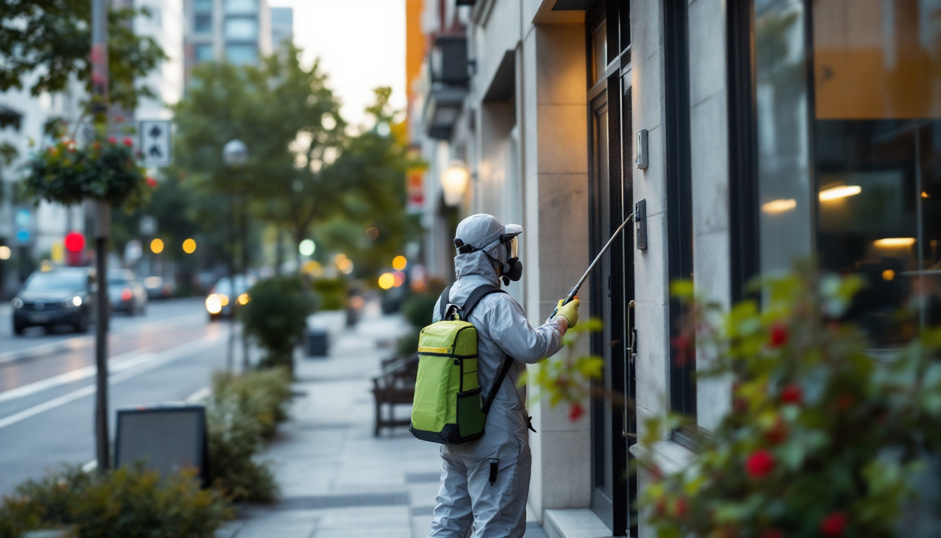 Worker in protective suit treating a storefront entrance with a sprayer on a city street