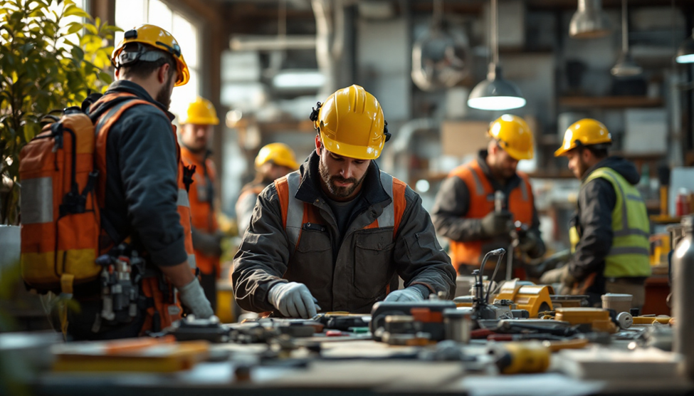 Workers in safety helmets and reflective vests assembling tools in a workshop.