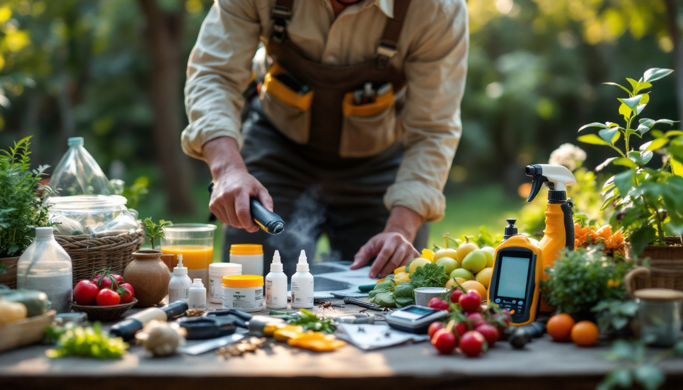 Worker using a handheld sprayer on a table with fruits, vegetables, and pest control supplies.