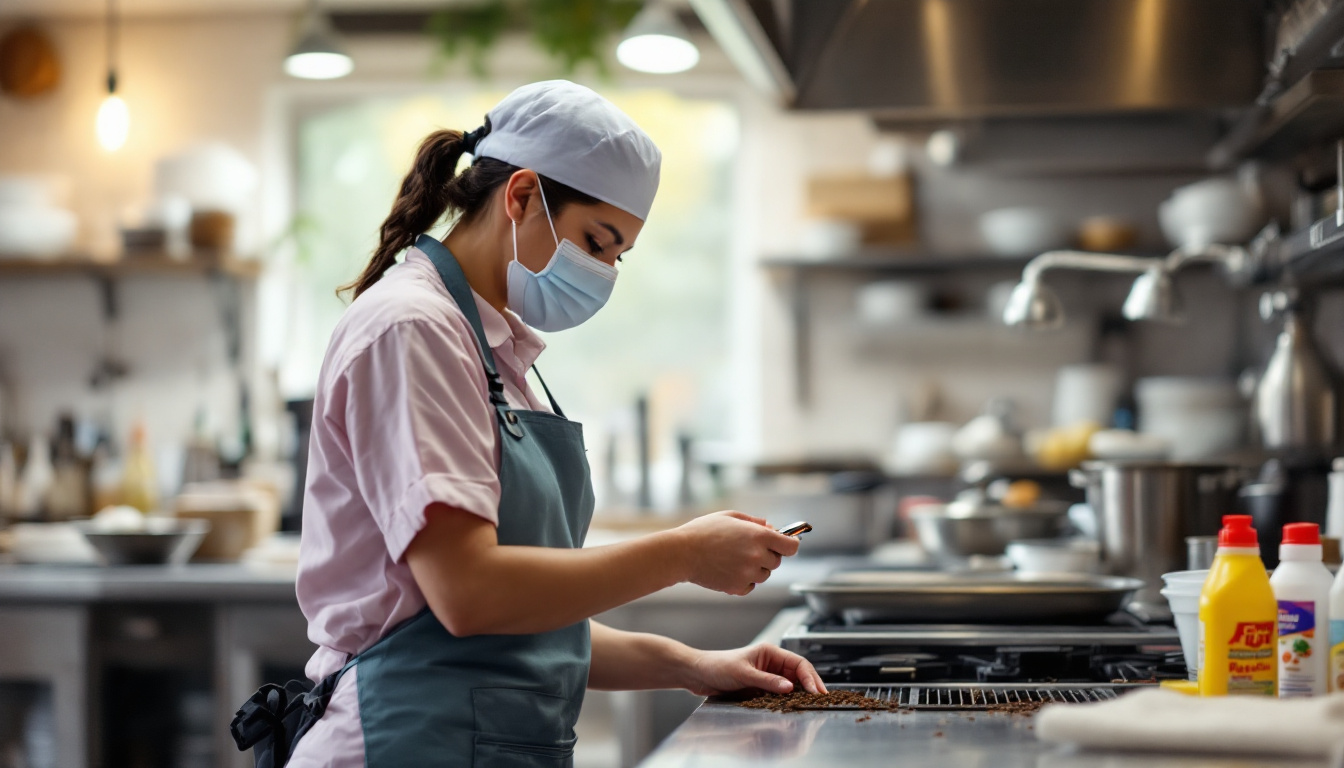 A masked chef in a commercial kitchen examining ingredients or a cooking thermometer while preparing food.