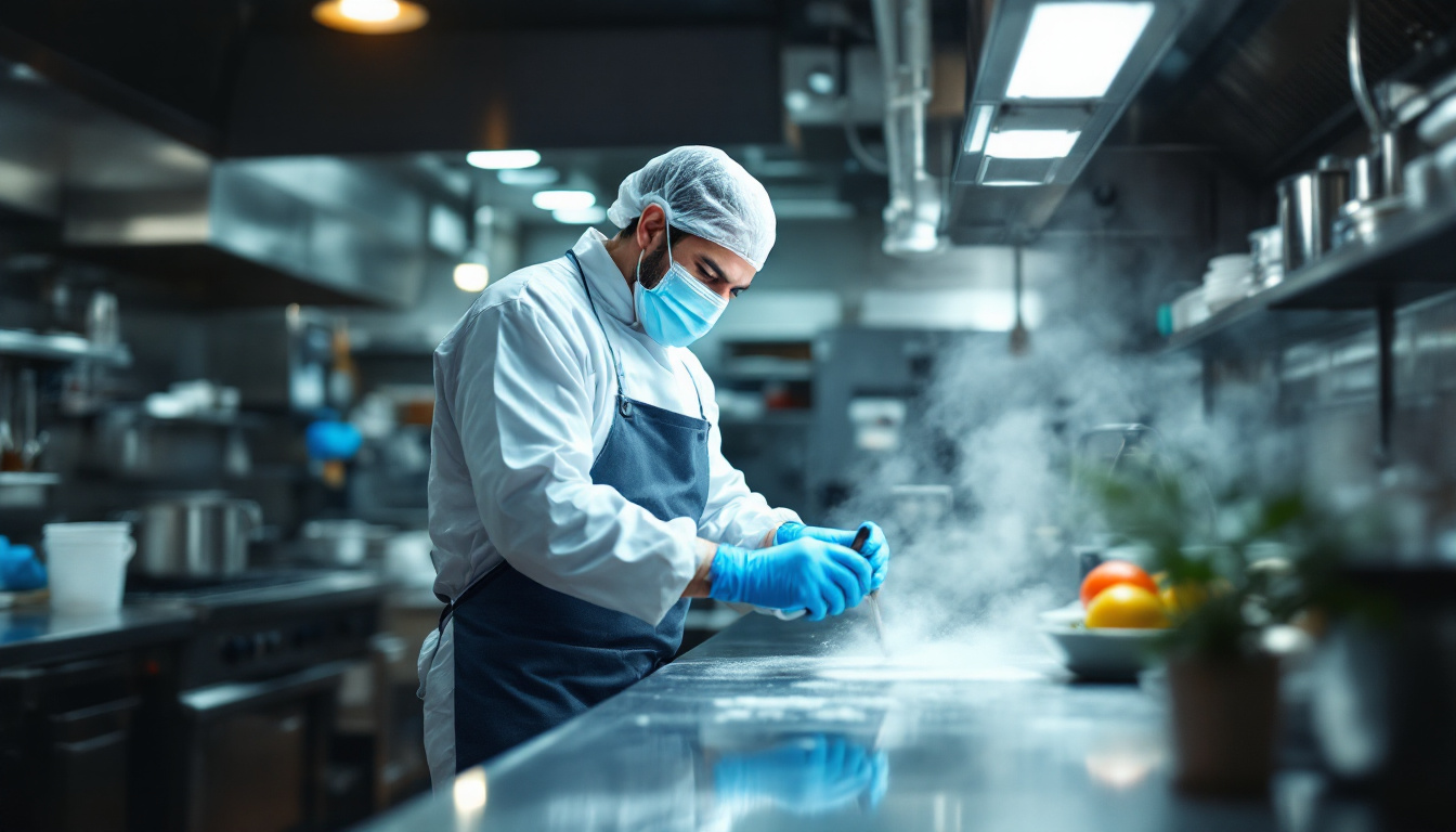 A masked chef in protective clothing prepares food in a commercial kitchen, with steam rising from the counter.