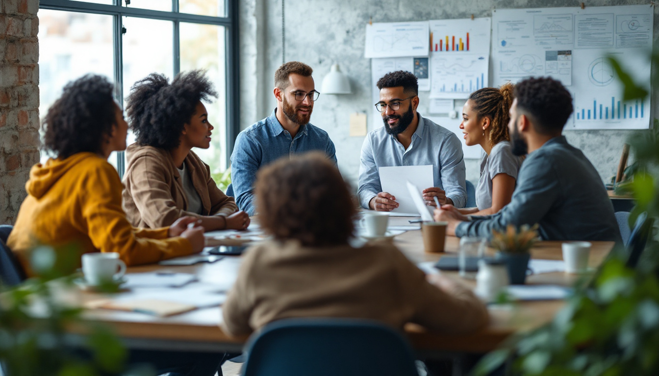 A creative team discusses business documents in a bright office with charts and graphs pinned to the wall.