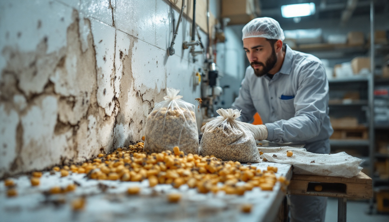 A food-safety inspector in a hairnet, mask, and gloves sorts spilled grains on a worn concrete table, filling clear plastic bags amid industrial shelves and cracked walls.