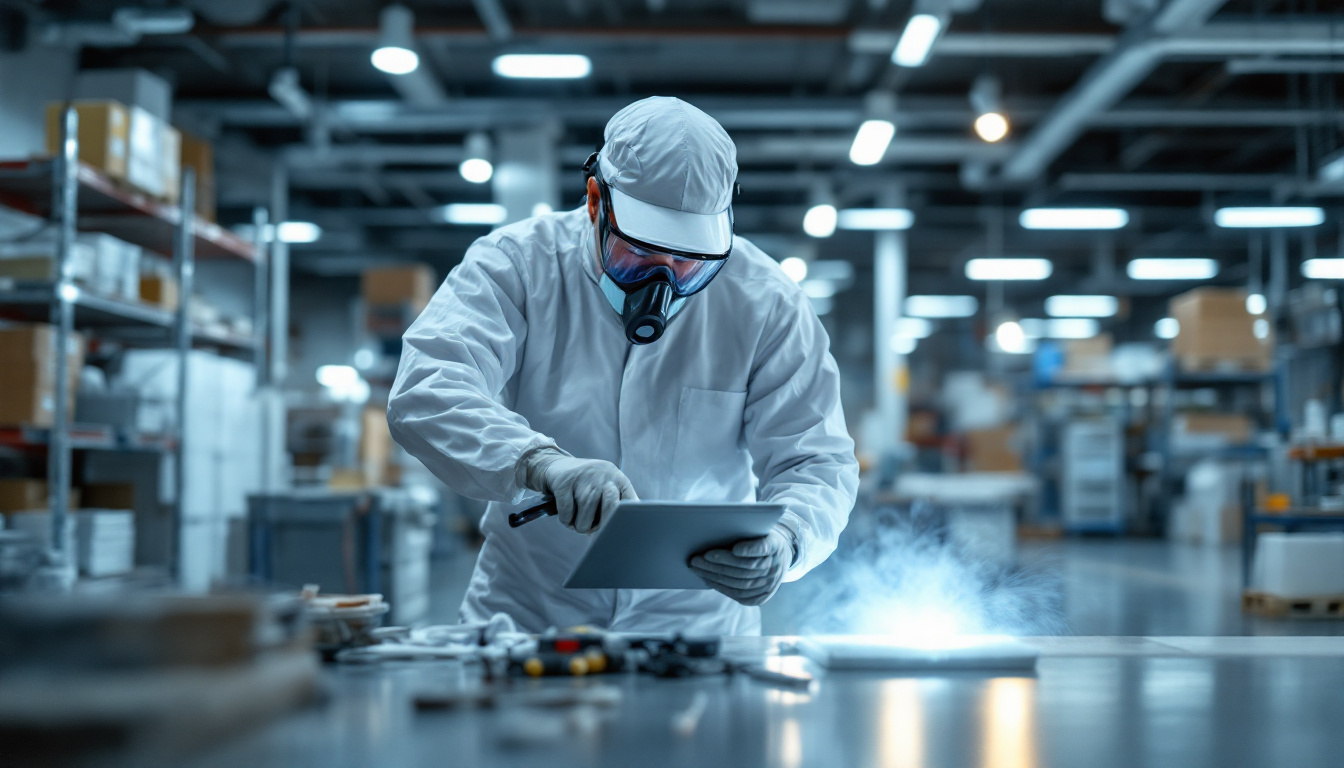 A technician in full-body protective gear and a respirator uses a digital tablet inside a manufacturing facility.