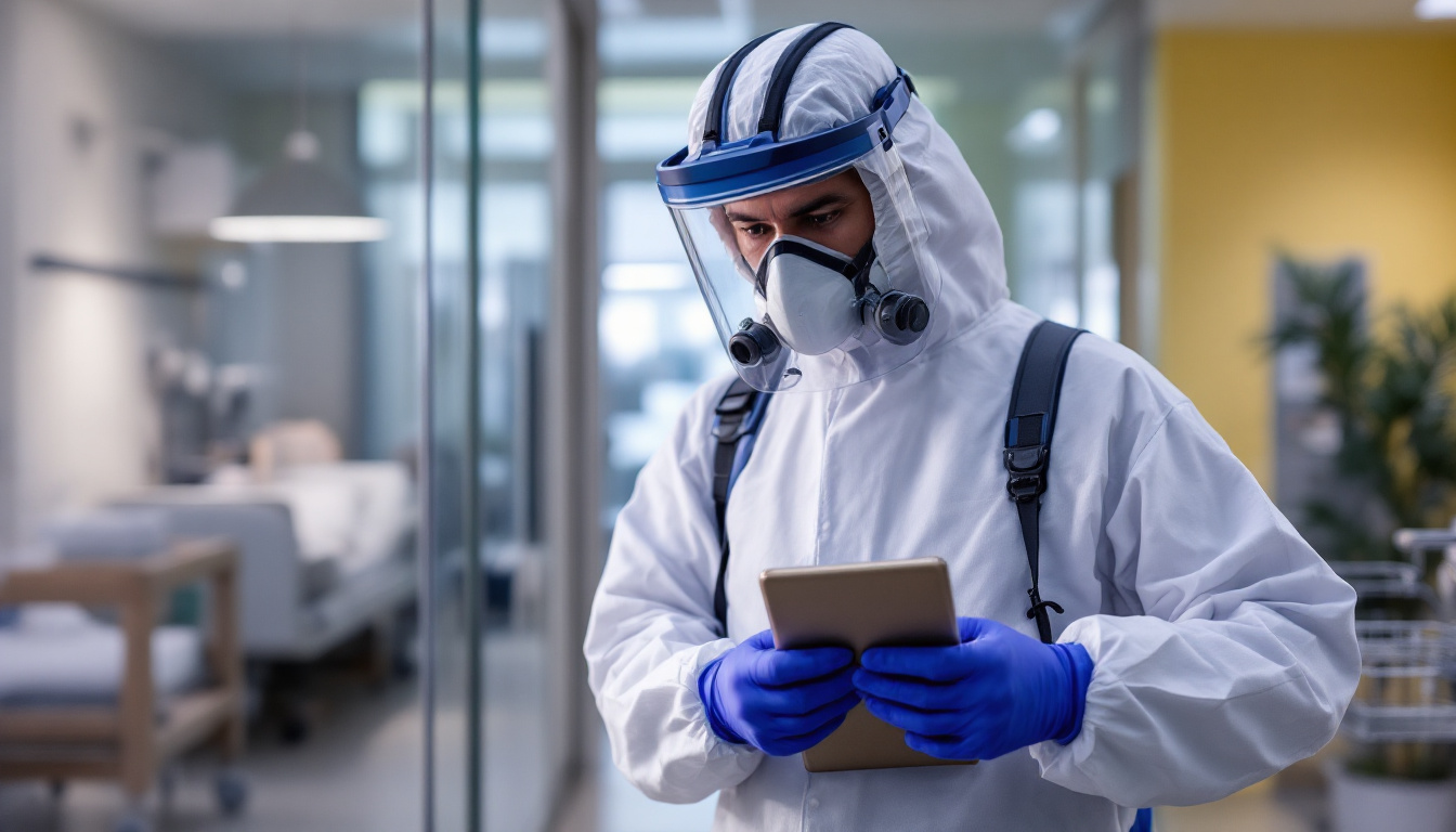 A person in full hazmat gear and respirator reviews a tablet inside a hospital or quarantine zone.