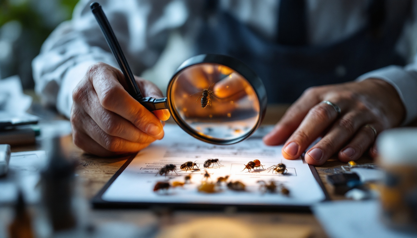 A close-up of a hand holding a magnifying glass over several pinned insects