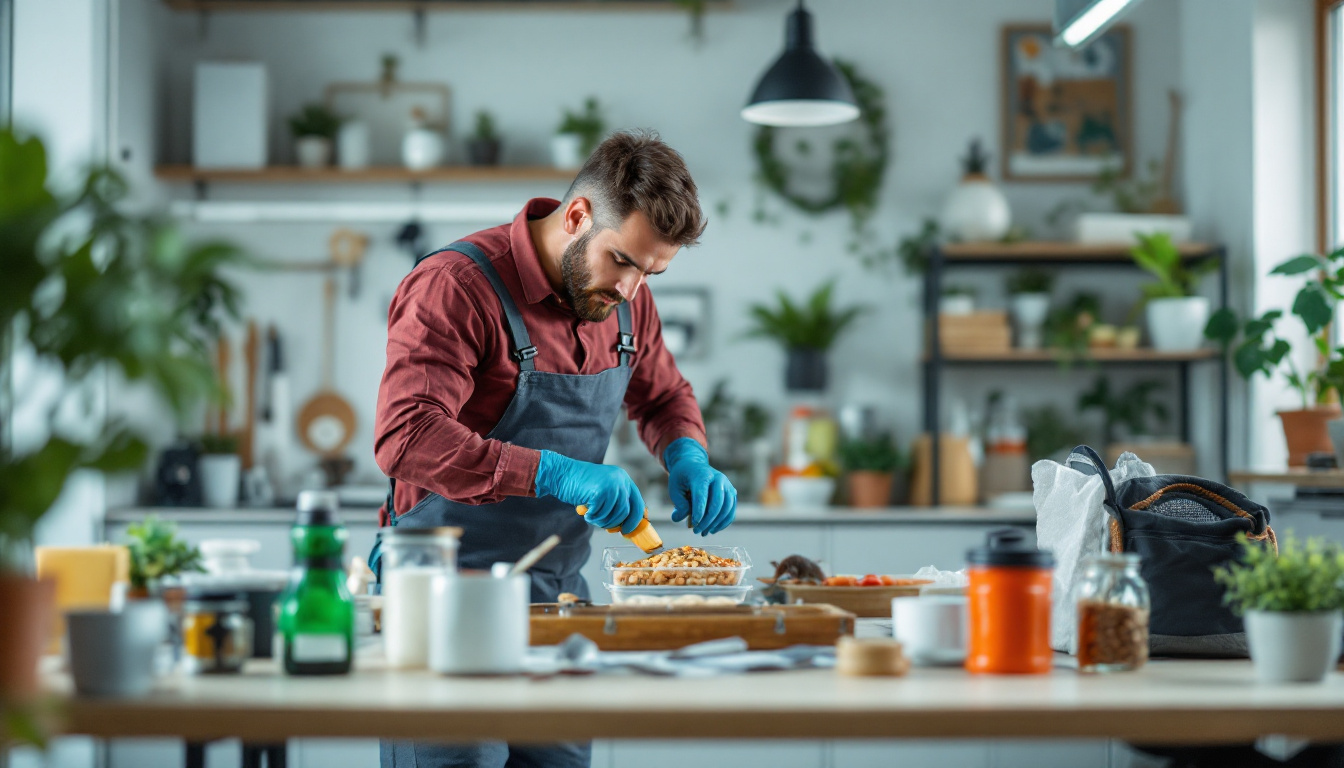 A man wearing gloves and an apron prepares a dish in a home kitchen, with various ingredients and utensils on the counter.