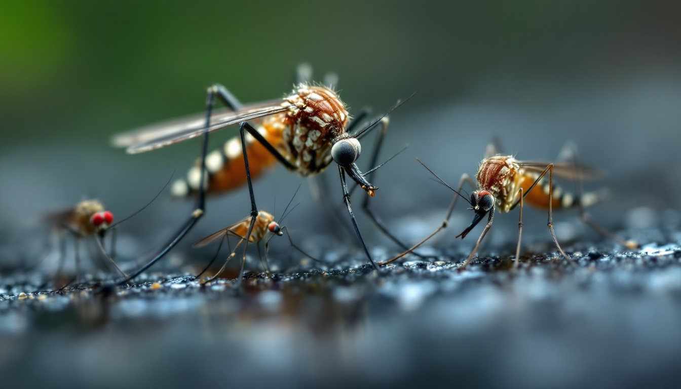 A macro image showing multiple mosquitoes with striped legs feeding on a dark surface.