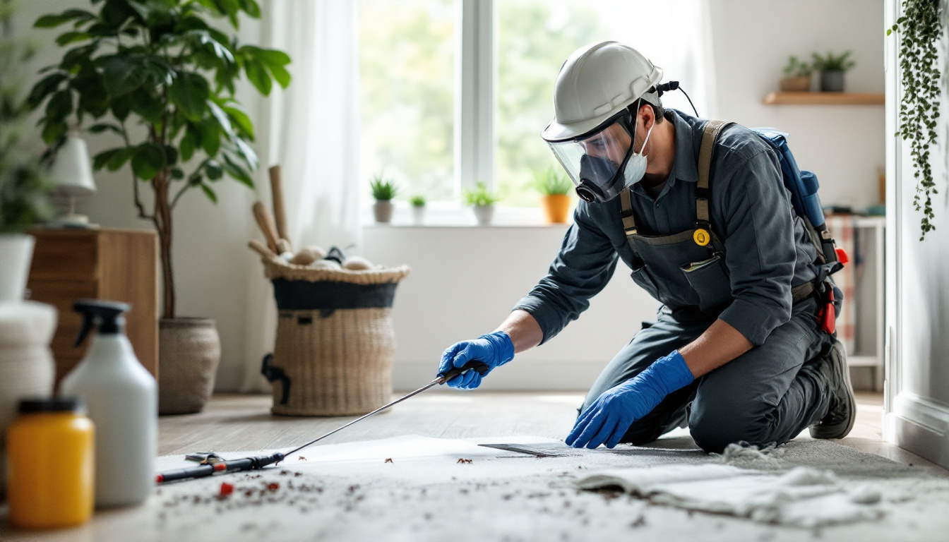 A pest-control technician in a full respirator mask