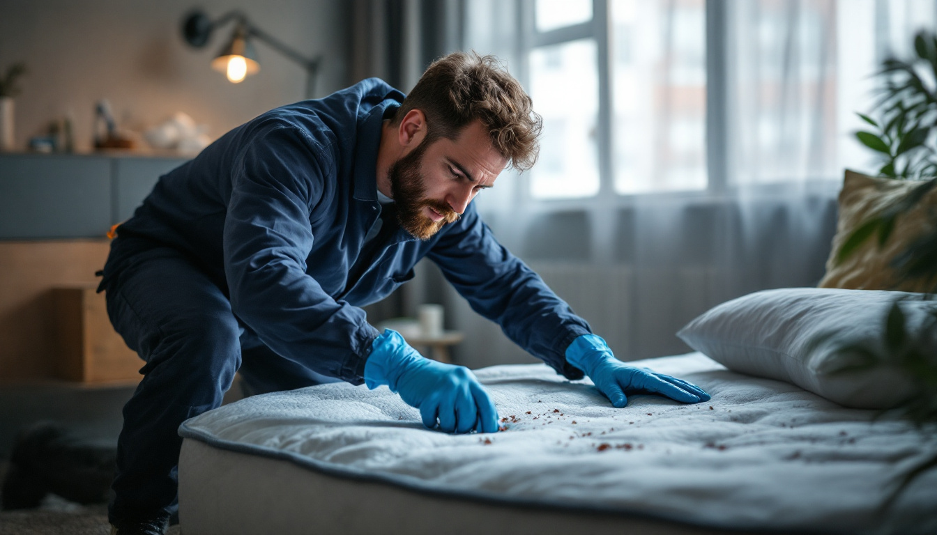 A pest control technician wearing gloves carefully inspecting a mattress for signs of bed bugs.