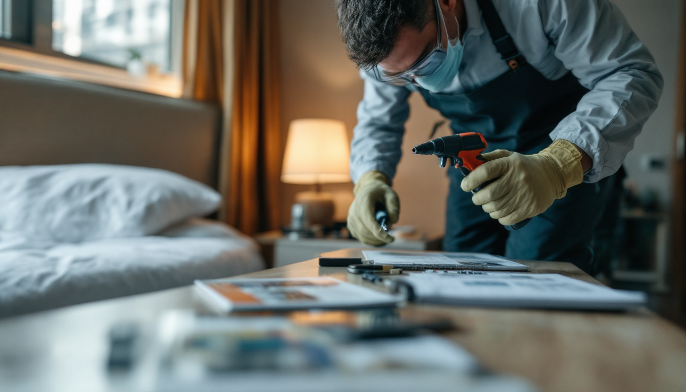 A maintenance technician wearing safety goggles, a face mask, and yellow gloves leans over a bedside table covered with paperwork, holding a cordless drill in one hand and a screwdriver in the other.