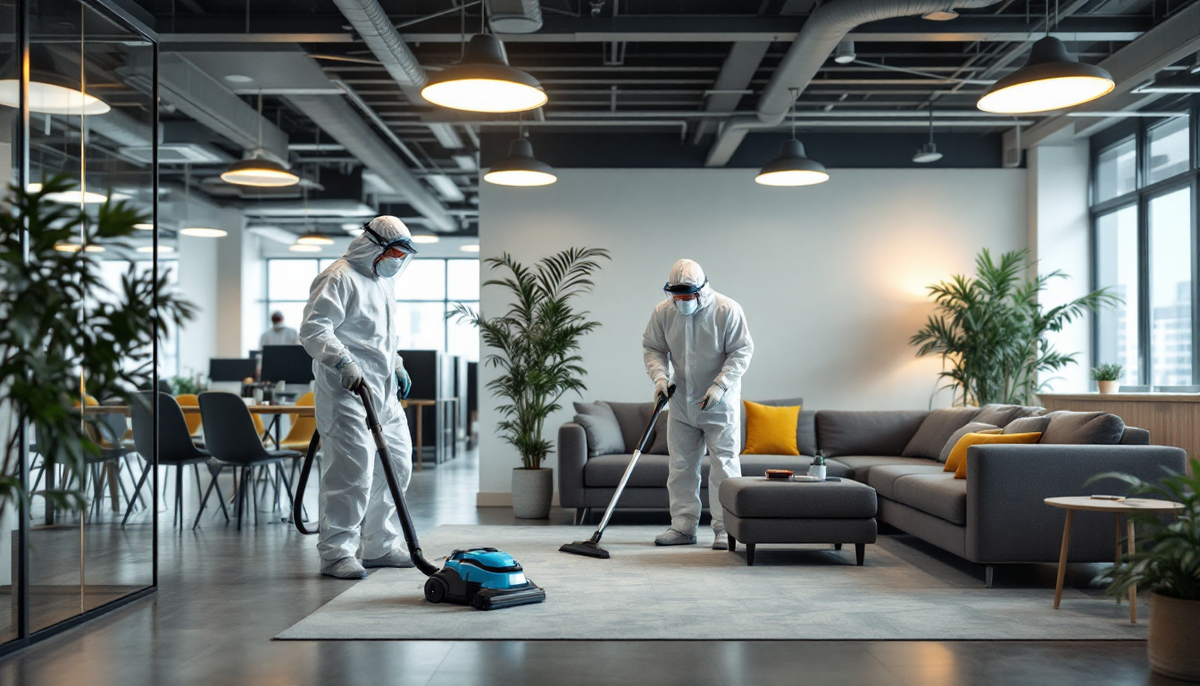 Two technicians in full white protective suits
