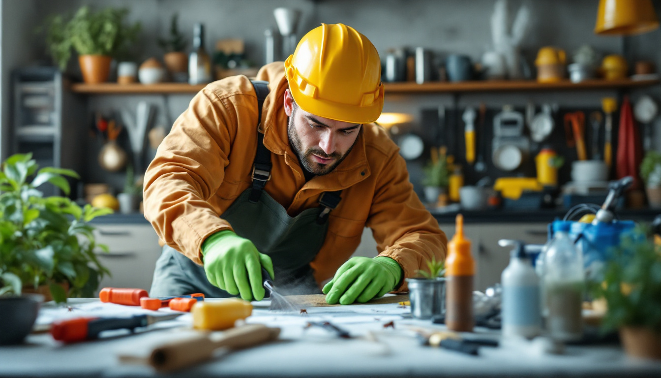 A worker with a beard, wearing a yellow hard hat and jacket, leans over a workbench, concentrating on his work in a well-stocked workshop.