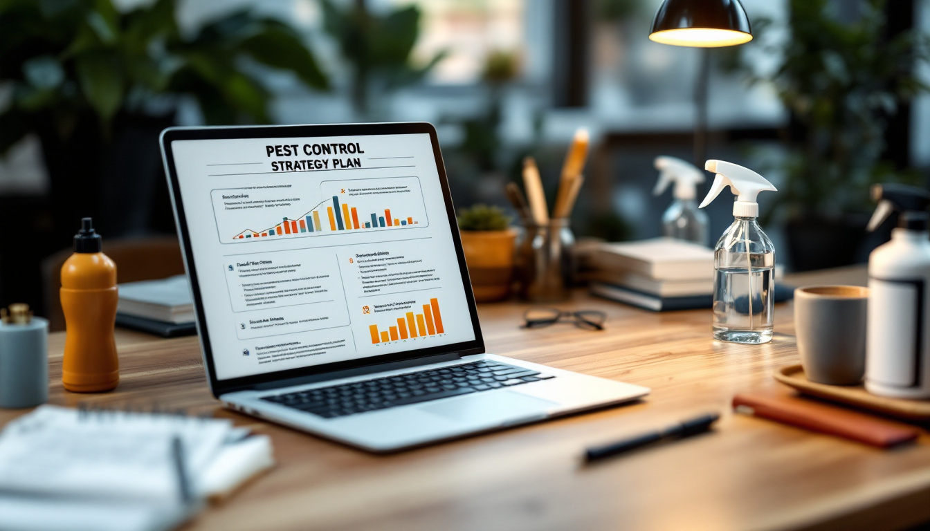 A tidy workspace with a laptop displaying a “Pest Control Strategy Plan”